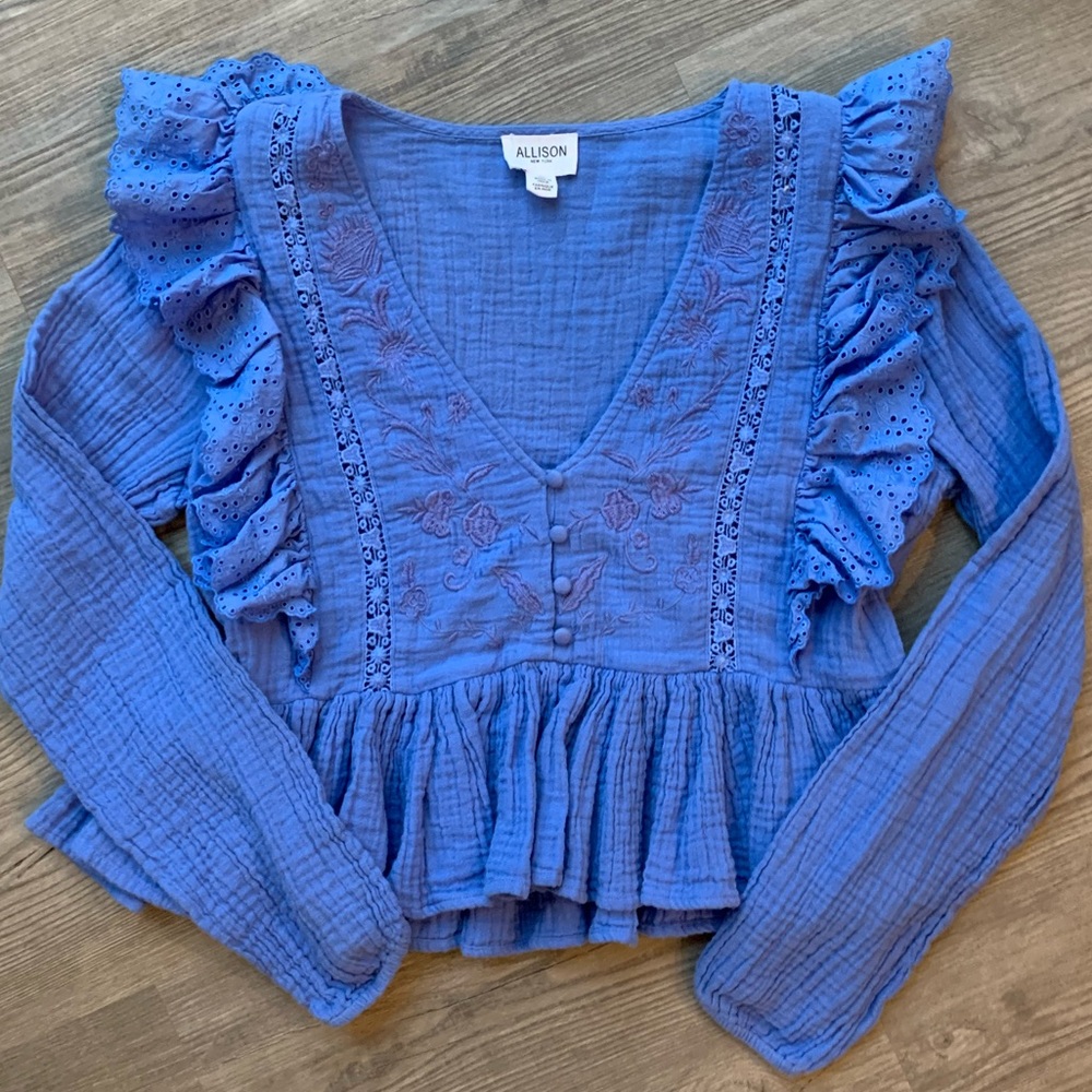 Allison New York Blouse Women's Small Blue Embroidered Eyelet Peplum Top